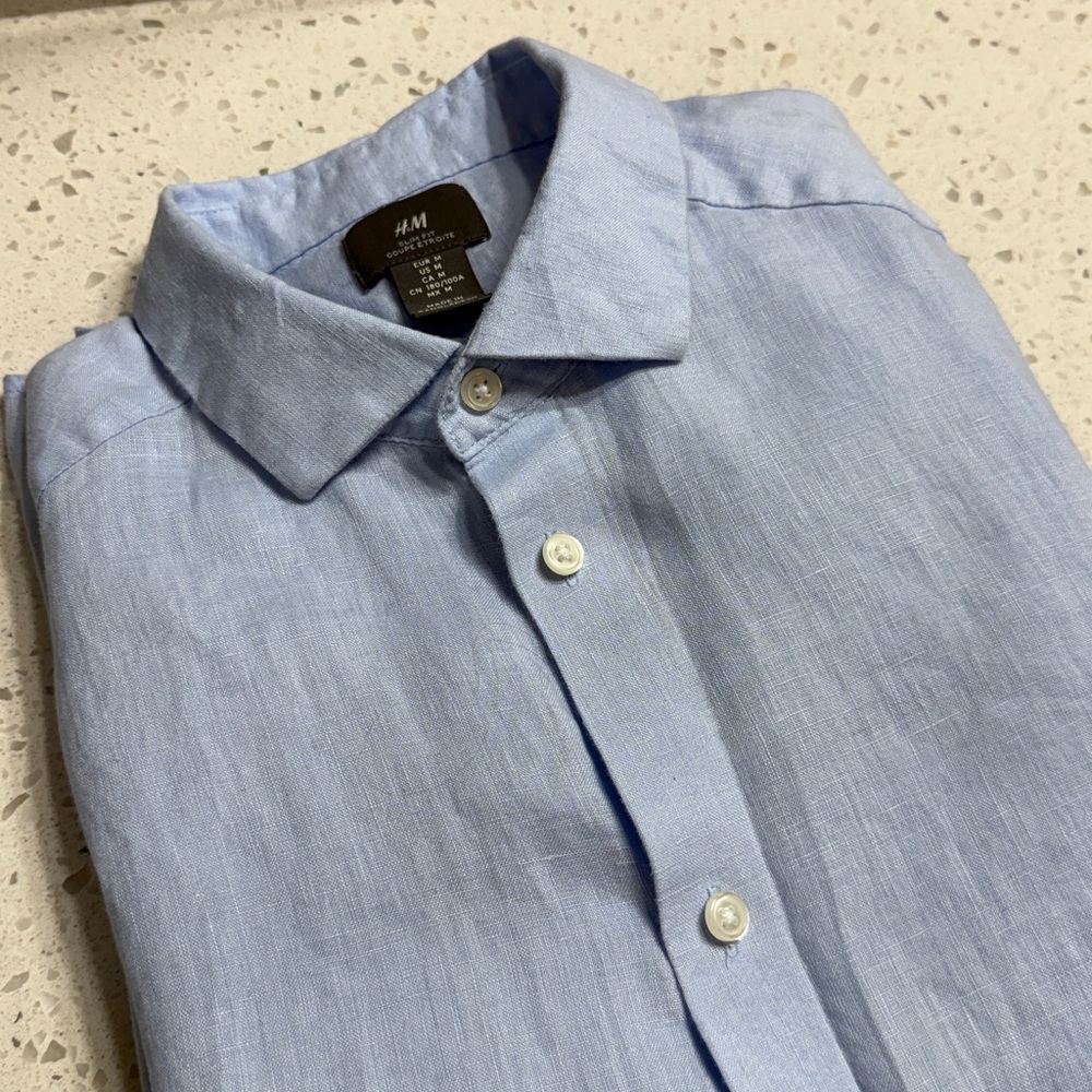 H&M Men's Linen Sky Blue Casual Button Down Shirt Slim Fit Work Summer SZ M